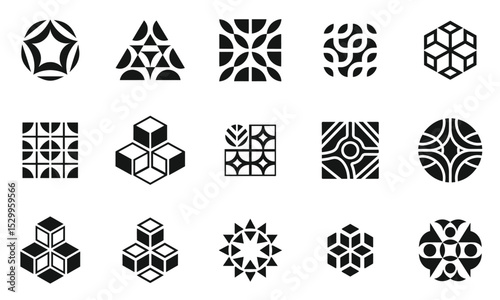 A collection of abstract geometric black and white patterns featuring various shapes like stars, circles, and cubes, emphasizing symmetry and design aesthetics.
