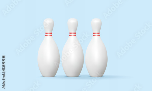 Realistic three white bowling pin line up on pastel background. champion sport game indoor activity entertainment skittle object design icon Minimal cartoon style. 3d vector render illustration 