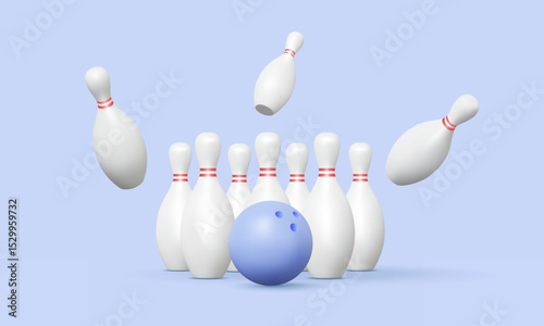 3D vector bowling ball with skittle on pastel background. Activity holiday entertainment sport game tournament score goal group Minimal cartoon style Design icon illustration element.