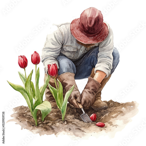 Gardener Planting Tulip Bulbs, watercolor vector, isolated on a white background.