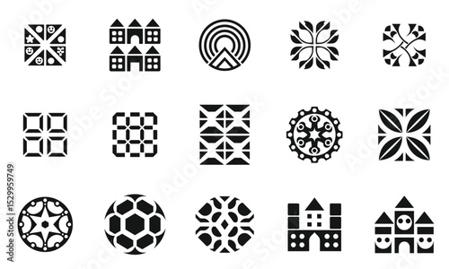 A striking collection of black and white geometric patterns, showcasing a variety of styles and shapes. Ideal for digital design and artistic projects.