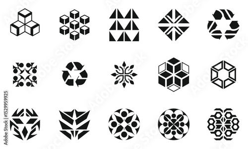 A diverse collection of black geometric logos featuring various shapes and designs. Perfect for branding, marketing, or artistic projects.