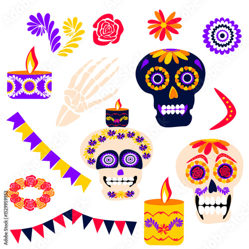 Dia De Los Muertos, Day of the dead vector set of elements, clipart, Mexican style