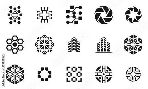 A collection of modern black and white abstract logos symbolizing technology, innovation, and nature. Each logo features unique geometric patterns and shapes.