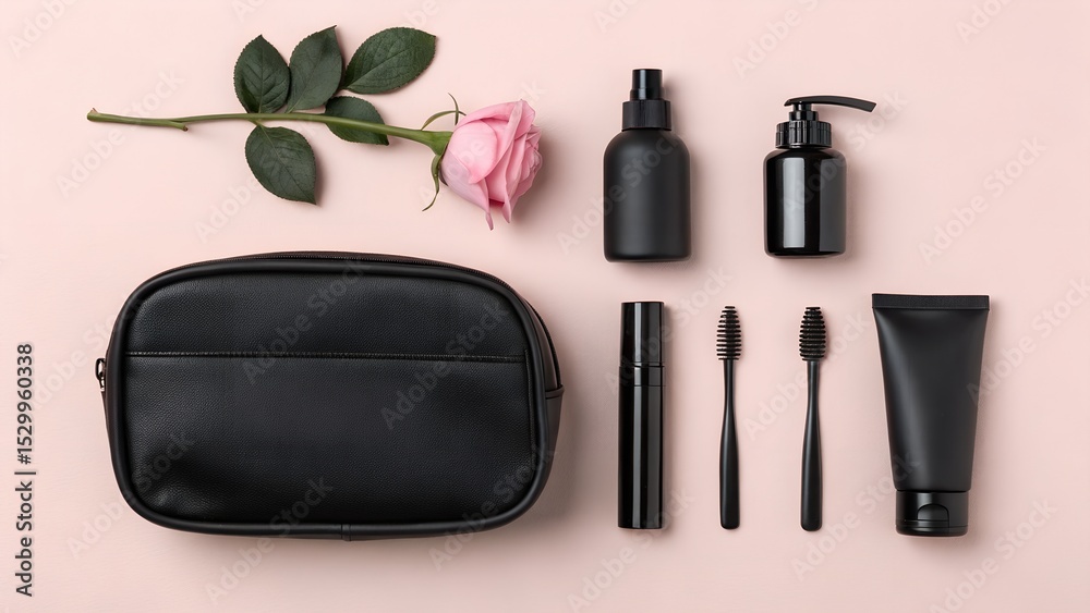 Obraz premium Black cosmetic products and accessories arranged on a light pink background with a rose.
