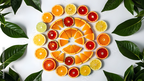 Vibrant and juicy citrus slices, including oranges, lemons, and limes, arranged artfully in a circular pattern, surrounded by lush green leaves, on a pristine white background, creating a visually app
