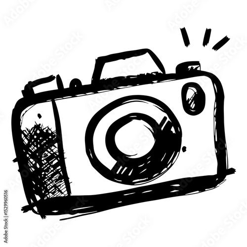 Hand-drawn vintage camera sketch with flash outline  