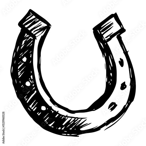 Hand-drawn horseshoe illustration in black and white style  