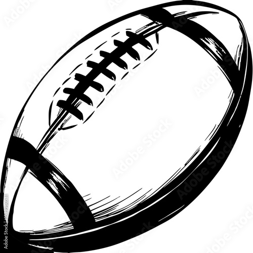Black and white rugby ball illustration with textured details  