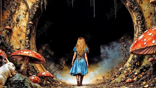 Surprised Alice looks out of the rabbit hole. Magical beautiful country from Lewis Carroll's fairy tale Alice in Wonderland