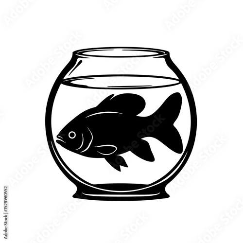 Black fish swimming in a round glass fishbowl filled with water  