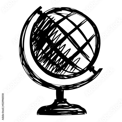 Hand-drawn globe illustration in black and white style  