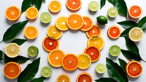 Vibrant and juicy citrus slices, including oranges, lemons, and limes, arranged artfully in a circular pattern, surrounded by lush green leaves, on a pristine white background, creating a visually app
