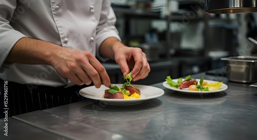 Close-up of a chef plating a gourmet meal in a professional kitchen, focus on hands and fine dining presentation, culinary art concept
