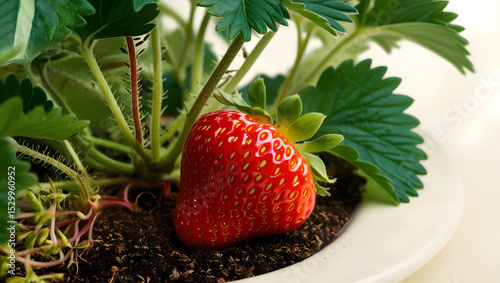 A plump, vibrant strawberry with slight sheen, its bright red skin slightly glossy, grows among the lush, emerald green leaves of a healthy bush, with delicate, intricate stems and a subtle earthy ton