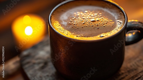 Warm Brew by Candlelight: The inviting warmth of a dark-roast coffee, nestled beside the gentle glow of a candle, embodies a scene of cozy contemplation and comfort.