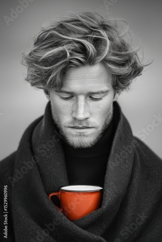 Stylized portrait of a man with red enamel mug, ideal for hipster-themed content, conceptual stories, or lifestyle campaigns.
