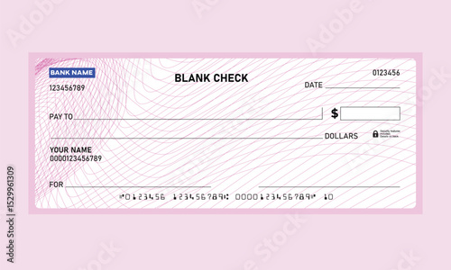 Realistic Bank Check, Vector with Text Fields, guilloche pattern
