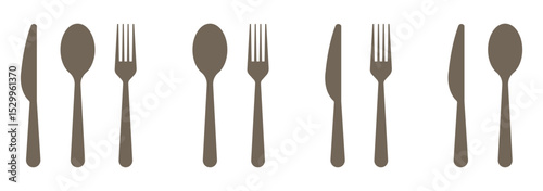 Tableware thin line icon set of fork, knife, spoon. Logotype menu. Cutlery and crockery sign. Flat style eating utensils symbol collection. Vector illustration