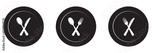 Tableware thin line icon set of fork, knife, spoon. Logotype menu. Cutlery and crockery sign. Flat style eating utensils symbol collection. Vector illustration