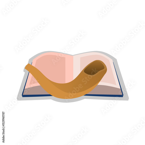 Flat vector illustration of a shofar placed on an open book, symbolizing the Jewish High Holy Days such as Rosh Hashanah and Yom Kippur. 