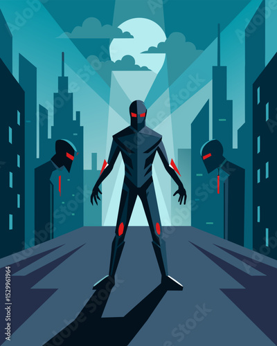 In a futuristic city a rebels shadow moves out of sync with his body as he is caught in the grasp of a controlling governments surveillance technology.. Vector illustration