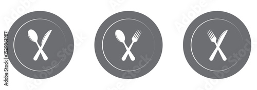 Tableware thin line icon set of fork, knife, spoon. Logotype menu. Cutlery and crockery sign. Flat style eating utensils symbol collection. Vector illustration
