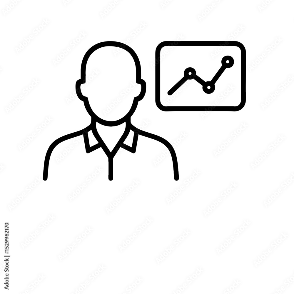 Obraz premium Trend watcher icon with person and analytics chart in minimal outline style representing market analysis and data observation