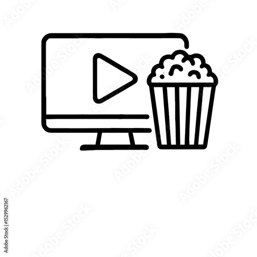 Online cinema icon with computer screen, play button, and popcorn in minimal outline style representing video streaming and digital movie watching