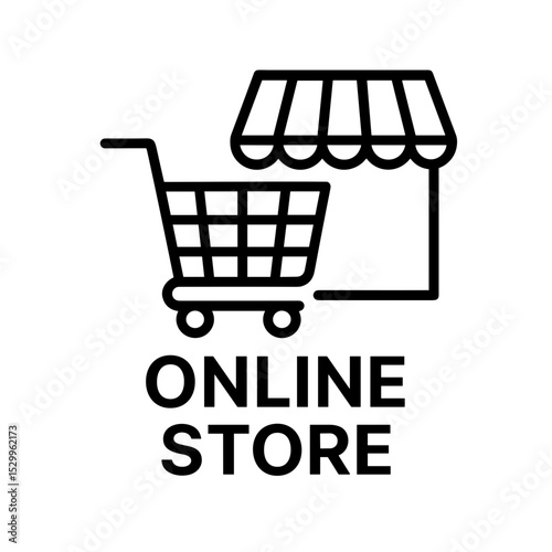 Online store icon with shopping cart and storefront awning in minimal outline style representing e-commerce and digital retail