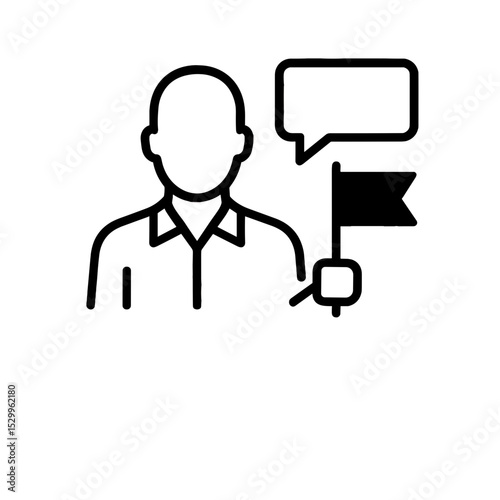 Male figure holding flag with speech bubble in minimal outline style. Tour guide  