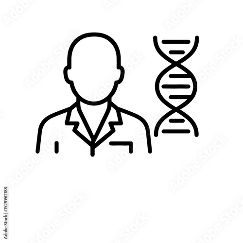 Scientist, bioengineer in lab coat standing next to DNA double helix graphic  