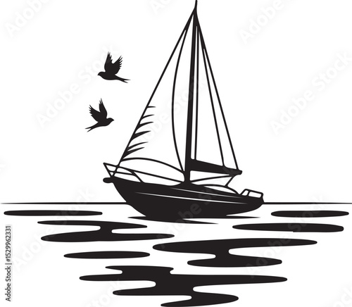 Silhouette of a sailboat on calm water with birds in flight