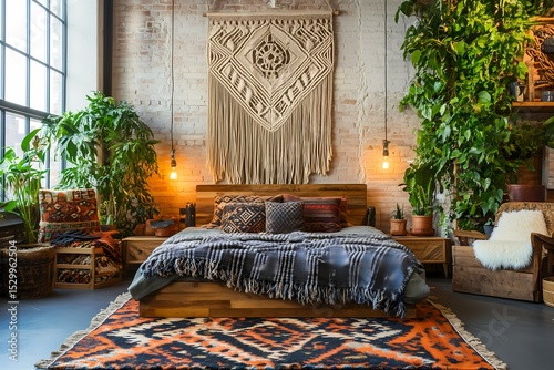 Wallpaper Mural Cozy boho bedroom with textured blankets, macrame wall hangings, plants, wooden furniture, and dim lighting creating a relaxing atmosphere Torontodigital.ca