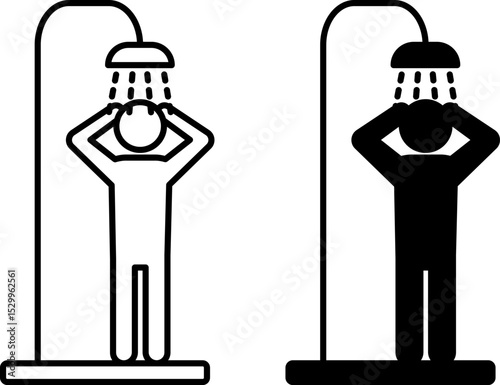 Shower Icons. Black and White Vector Illustration. Man Washing Under Shower. Cleanliness, Disinfection. Hygiene Concept