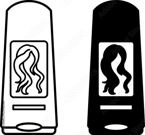 Shampoo Icons. Black and White Vector Illustration. Hair Wash Cosmetic. Soap Liquid, Cleanliness. Hygiene Concept