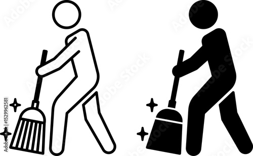 Sweep Icons. Black and White Vector Illustration. Man with a Broom. House or Street Cleaning. Hygiene Concept