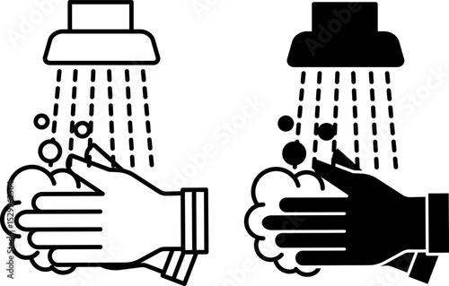 Wash Hands Icons. Black and White Vector Illustration. Man Washing Hands with Soapy Foam and Water. Cleanliness, Disinfection. Hygiene Concept