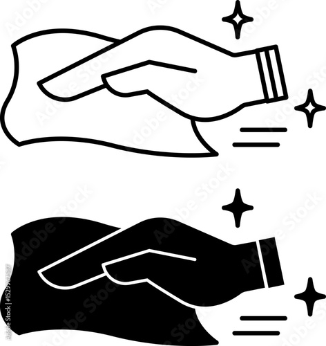 Wipe Icons. Black and White Vector Illustration. House Cleaning, Dust Wiping. Human Hand and Wet Rag. Hygiene Concept