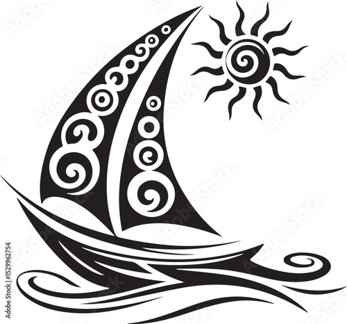 Ornate sailboat with sun design, perfect for tattoos or prints.
