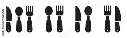 Fork, knife, plate and spoon. Menu symbol. Restaurant icon. Food, plate, fork, knife, spoon, cutlery icon set. Vector