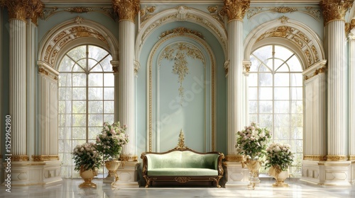 Luxurious interior bathed in golden sunlight, featuring emerald green sofa, ornate decor, arched windows, fresh flower arrangements, polished marble flooring