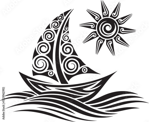 Ornate sailboat with sun design, perfect for tattoos or prints.