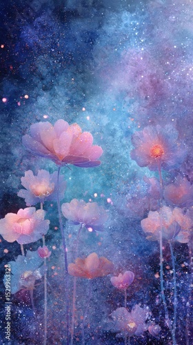 Ethereal cosmos flowers against a starry sky evoke a sense of dreamy beauty and natural wonder in a watercolor-like aesthetic. photo