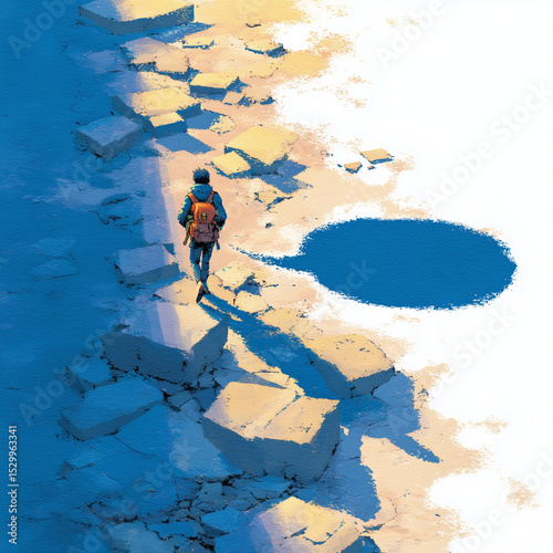Person walking on cracked ground with a backpack representing Human Rights  
