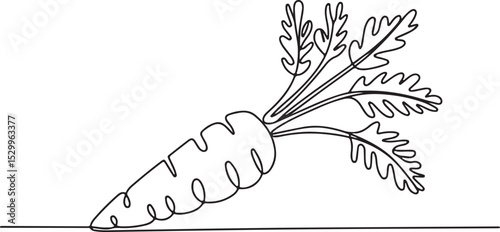 Continuous line drawing of a carrot with leafy top in minimalist black and white single-line art style

