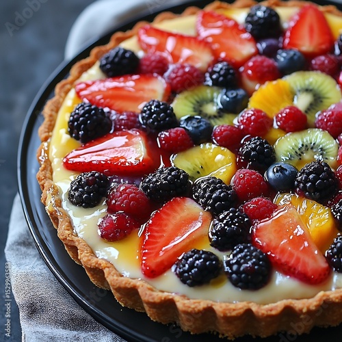 A Colorful Fruit Tart With Berries and Custard Bright and Appetising