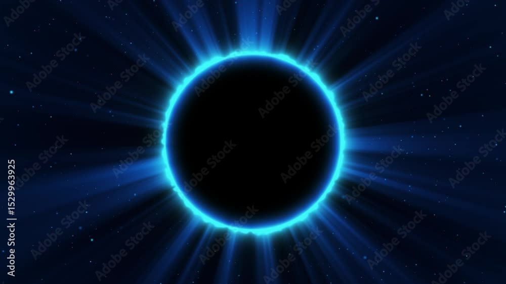 Abstract fantasy background. Amazing scientific natural phenomenon. Total solar eclipse with bright ring effect glowing with rays. Solar corona is visible. Space animated background in 4K.