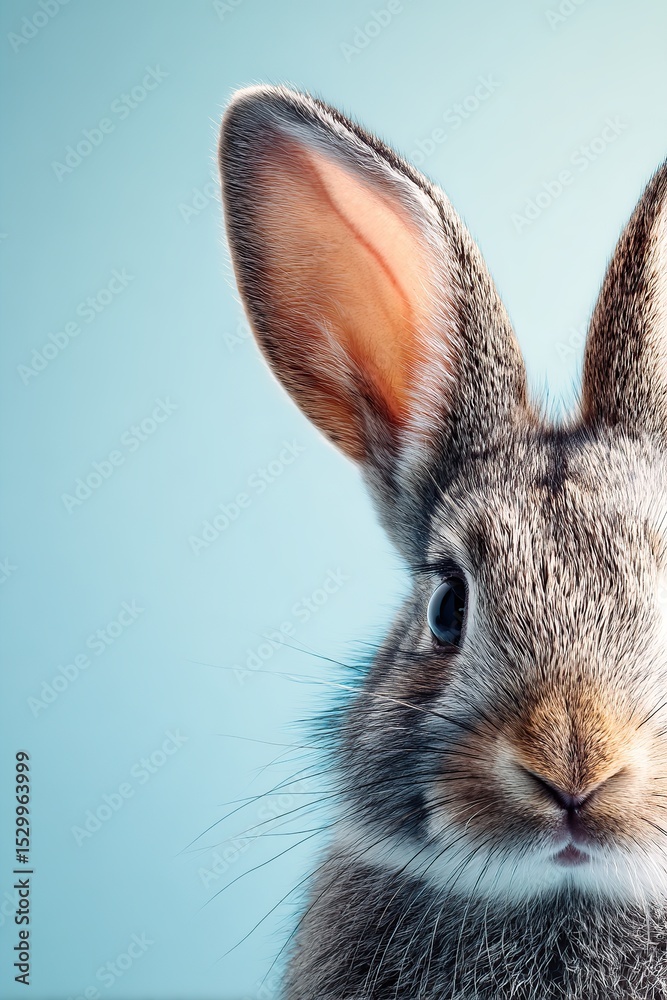 Obraz premium Fuzzy gray rabbit ears peek out against a soft blue background, captivating and adorable