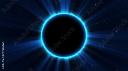 Abstract fantasy background. Amazing scientific natural phenomenon. Total solar eclipse with bright ring effect glowing with rays. Solar corona is visible. Space animated background in 4K.